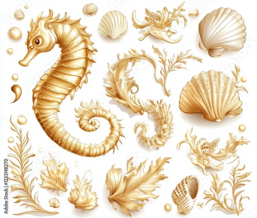 A set of modern line art illustrations with an underwater theme, including hand-painted watercolor seahorse, laminaria, corals, and shells, isolated on a white background. Suitable for design, print photo