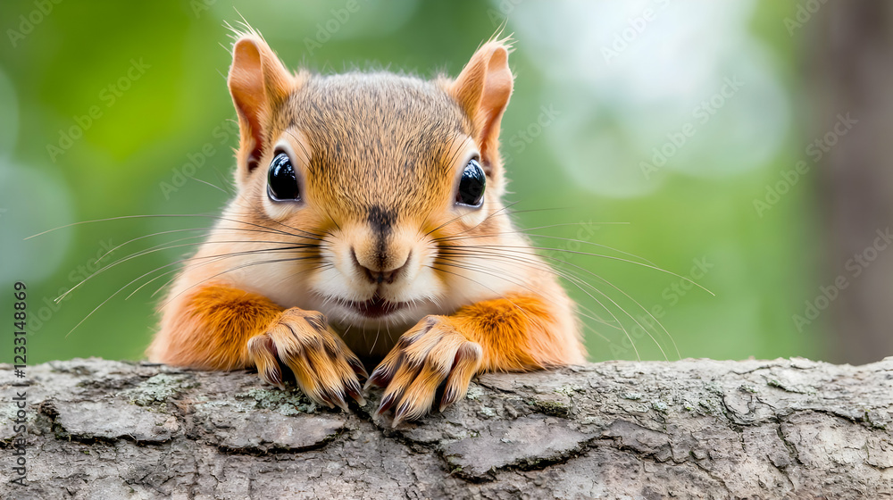 Cute squirrel on branch, forest background, wildlife, nature Cute squirrel on branch, forest background, wildlife, nature