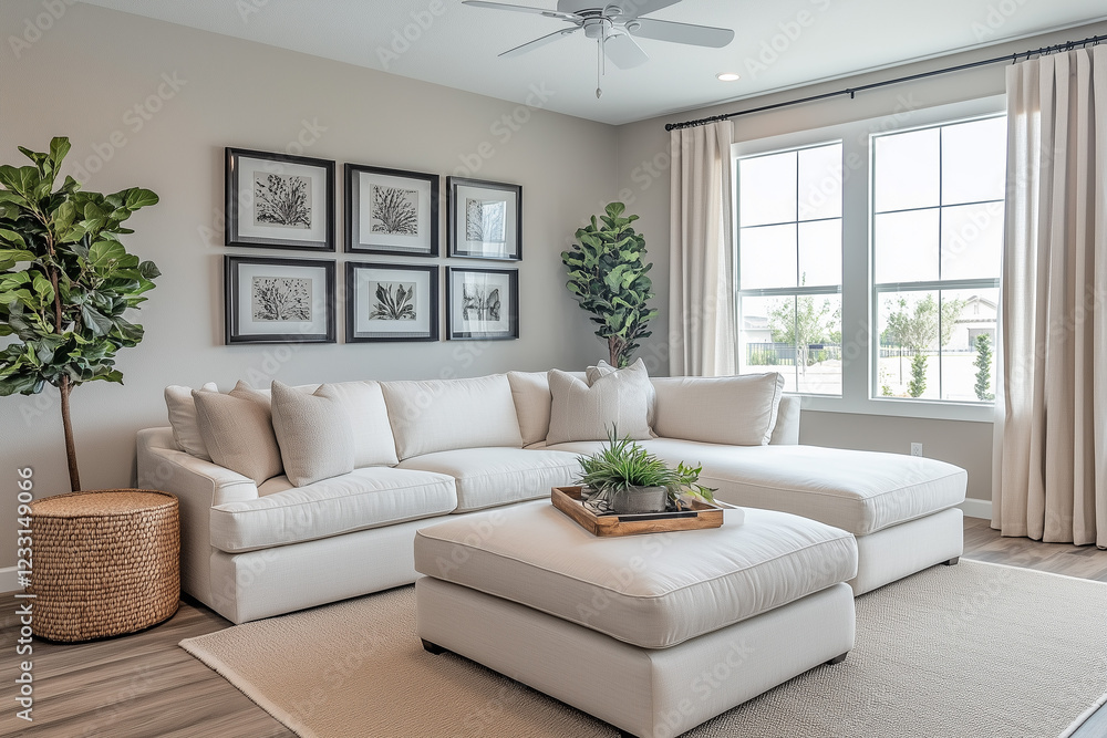 Fototapeta premium Scandinavian style living room with a linen corner sofa, ivory sofa, natural interior design