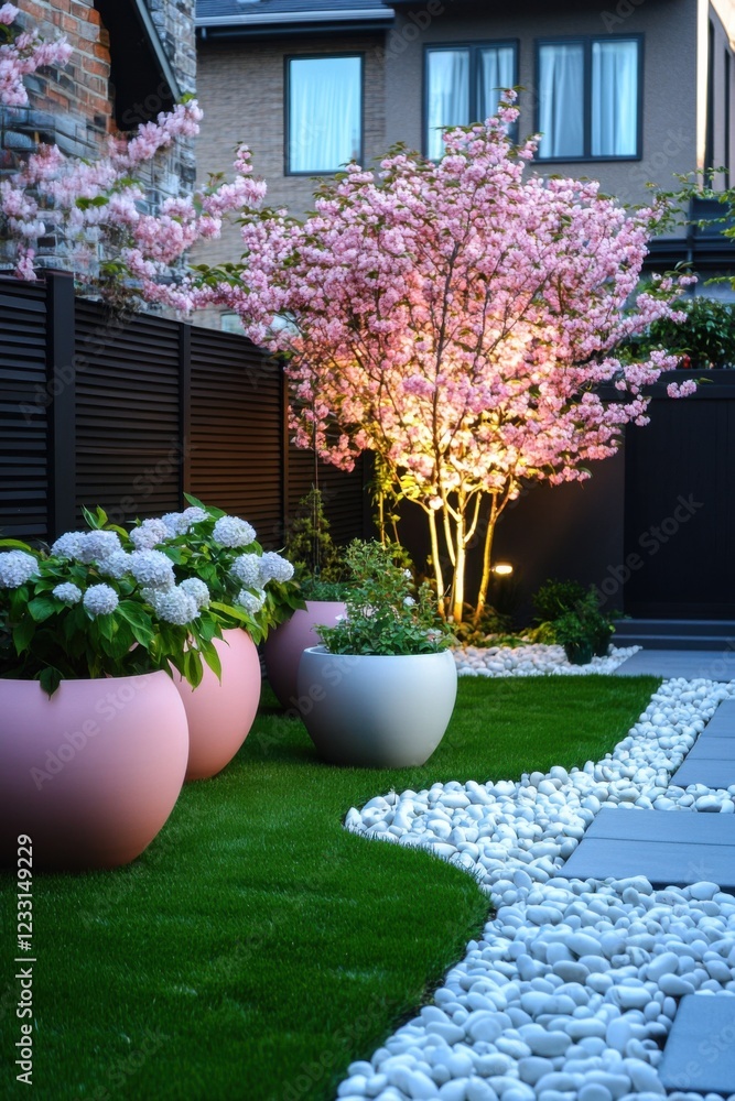 Obraz premium Beautiful garden with pink flowering trees and modern planters showcasing vibrant landscaping at dusk in a residential backyard