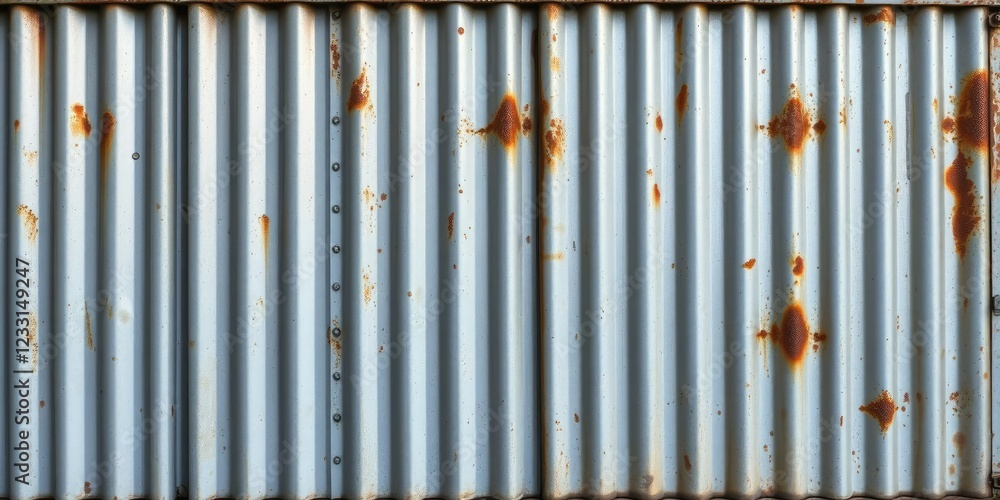 Horizontal oriented galvanized corrugated tin iron with scattered rust spots and a worn metallic appearance, grey, texture Horizontal oriented galvanized corrugated tin iron with scattered rust spots and a worn metallic appearance, grey, texture