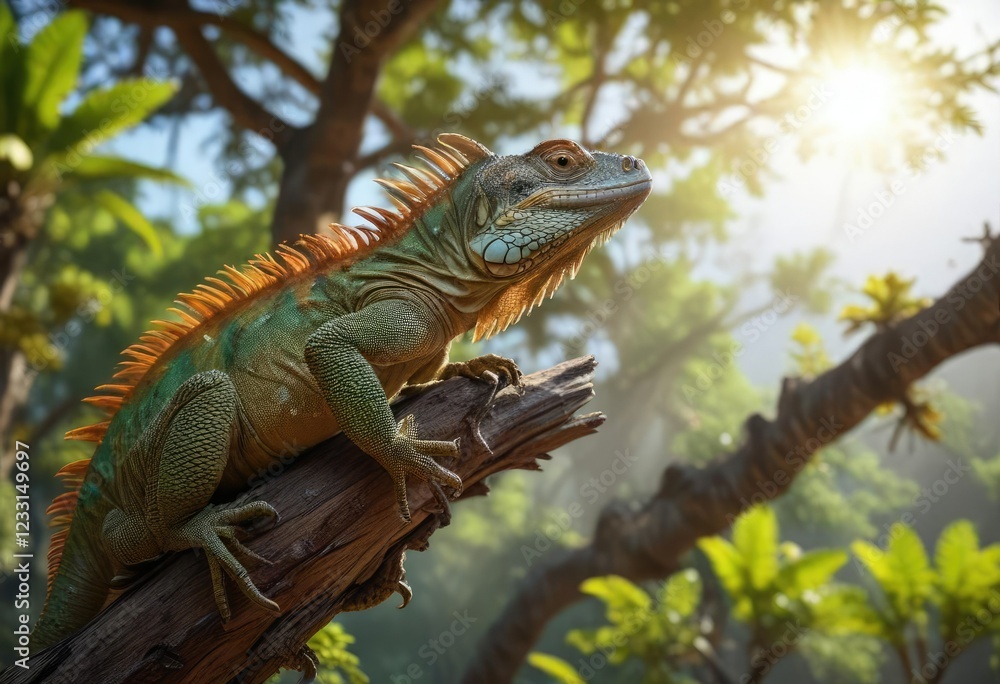 Fototapeta premium Iguana basks in the warm sunlight on a tree branch high up , sunbathing, glowing, iguana