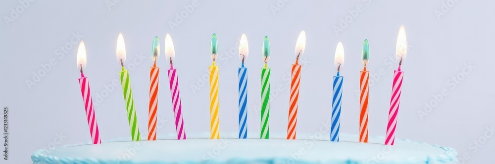 Individual Colorful Candles on Top of Light Blue Birthday Cake, colorful decorations, candle arrangement Individual Colorful Candles on Top of Light Blue Birthday Cake, colorful decorations, candle arrangement