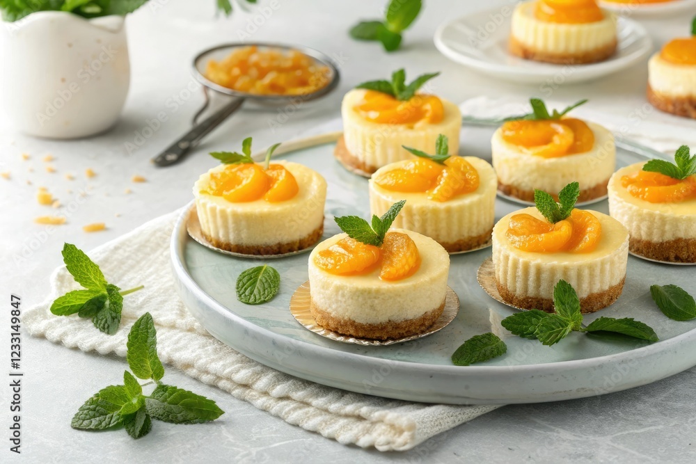 Individual mini orange cheesecakes arranged on a platter with fresh mint leaves scattered around them, platter, dessert, appetizer, food Individual mini orange cheesecakes arranged on a platter with fresh mint leaves scattered around them, platter, dessert, appetizer, food