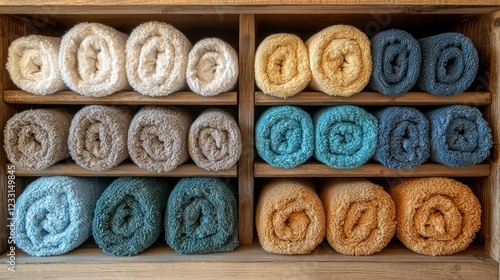 Rolled towels on wooden shelves in spa storage