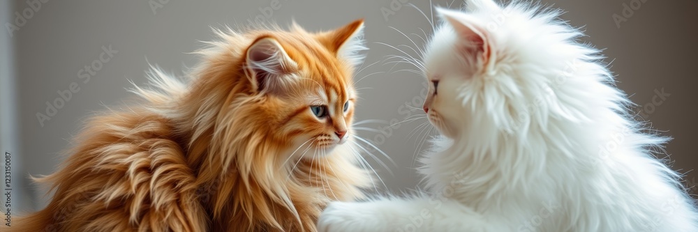 Two fluffy cats, one orange and one white, convey a curious and playful mood as they gently interact, set against a softly blurred indoor background Two fluffy cats, one orange and one white, convey a curious and playful mood as they gently interact, set against a softly blurred indoor background