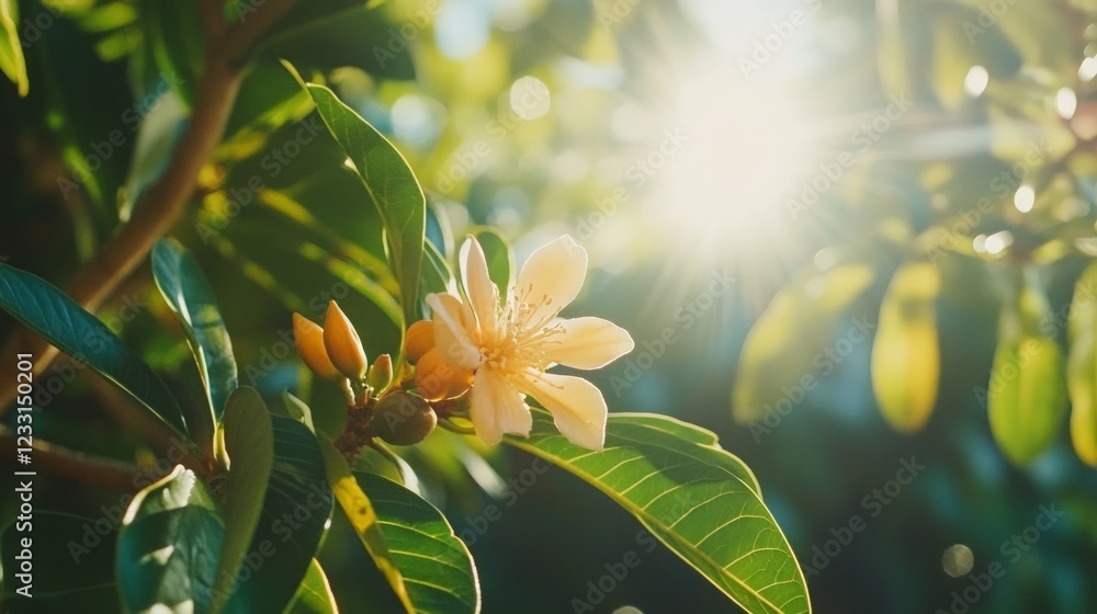 Fototapeta premium Delicate White Flower Blossoming Among Lush Green Leaves in Sunshine