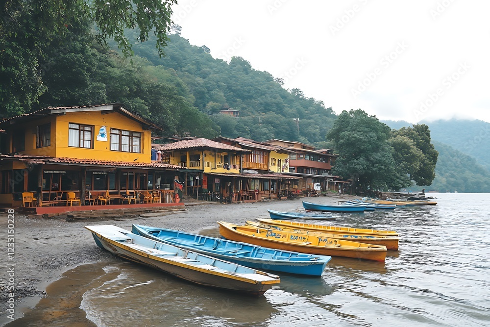 Naklejka premium Vibrant Lakeside Village with Colorful Boats
