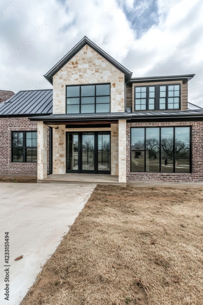 A contemporary home exterior showcases expansive windows and stunning stone accents, beautifully situated in a peaceful suburban neighborhood under a softly overcast sky A contemporary home exterior showcases expansive windows and stunning stone accents, beautifully situated in a peaceful suburban neighborhood under a softly overcast sky