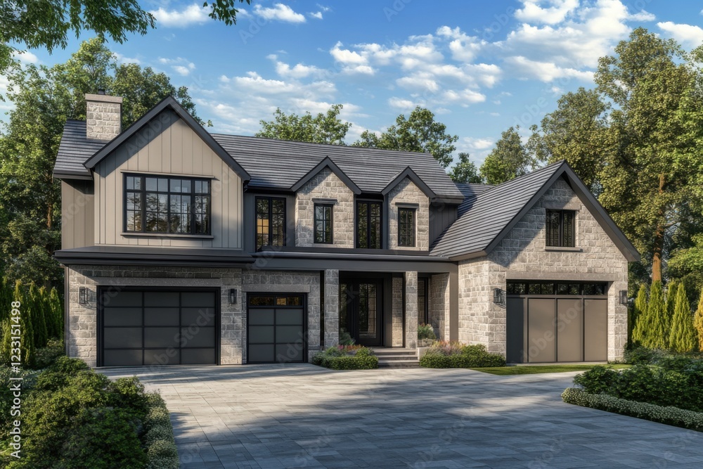 This exquisite stone house design exudes luxury and elegance, nestled in a peaceful suburban neighborhood, embraced by vibrant greenery beneath a bright blue sky This exquisite stone house design exudes luxury and elegance, nestled in a peaceful suburban neighborhood, embraced by vibrant greenery beneath a bright blue sky