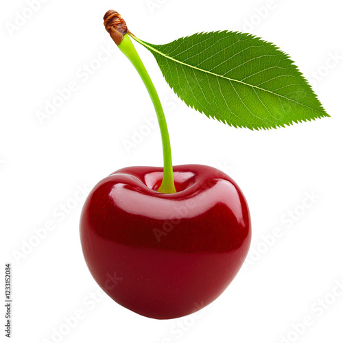 Red cherry with leaf on transparent background PNG format.