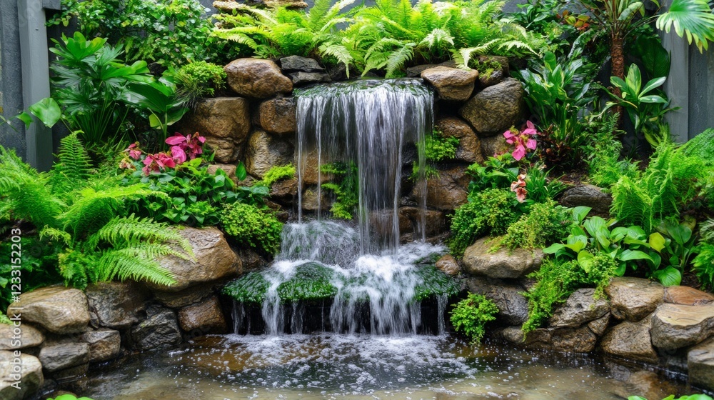 Tranquil Waterfall in Lush Garden Surrounded by Vibrant Greenery Tranquil Waterfall in Lush Garden Surrounded by Vibrant Greenery