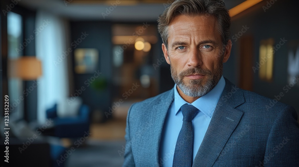 Portrait of a Man in a Suit, Standing Indoors with a Blurred Background Portrait of a Man in a Suit, Standing Indoors with a Blurred Background