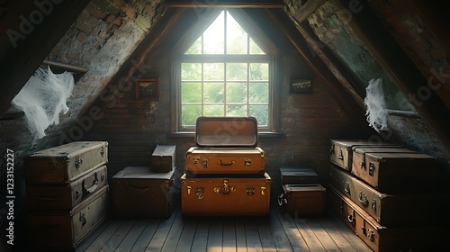 Wallpaper Mural Dusty attic sunlight window, vintage luggage, cobwebs, memory Torontodigital.ca
