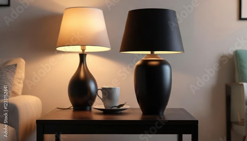 Low black bedside lamp beside an empty coffee table, single light source, bedside table, dimly lit photo