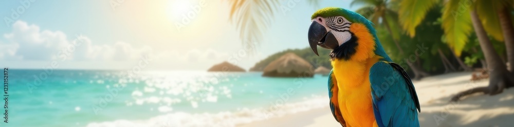 Colorful parrot on tropical beach, sun shining, vacation, escape Colorful parrot on tropical beach, sun shining, vacation, escape
