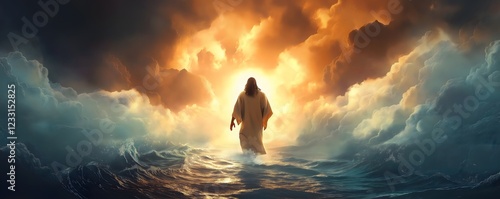 Landscape of a figure of Jesus from behind walking in the water towards some clouds illuminated with golden light. Concept of Holy Week.