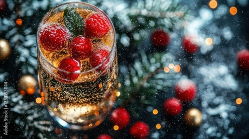 Snowy Christmas champagne flute with berries, festive lights background
