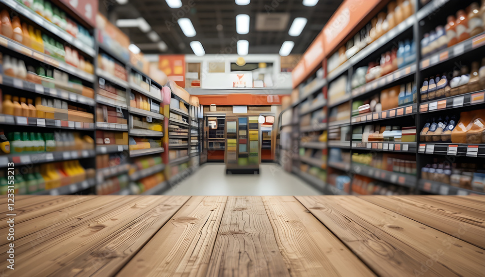 Blurred supermarket aisle with an empty wooden tabletop in the foreground. Ideal for retail, sale, product display, shopping, and hypermarket themes. Bright, modern, and spacious interior. Blurred supermarket aisle with an empty wooden tabletop in the foreground. Ideal for retail, sale, product display, shopping, and hypermarket themes. Bright, modern, and spacious interior.