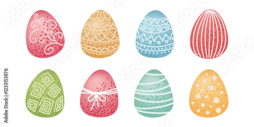 Set of colorful decorated Easter eggs with intricate patterns and textures. Easter celebration design for greeting card, invitation, poster, and print. Flat vector illustration. 