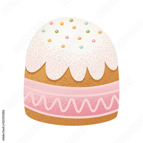 Traditional Easter cake with icing, sprinkles, and decorative pink glaze. Easter celebration design for greeting card, invitation, poster, and print. Flat vector illustration. 