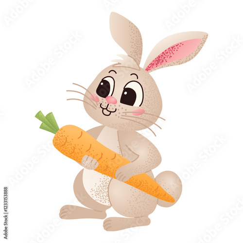 Cute cartoon Easter bunny holding a large carrot. Easter holiday and spring celebration concept for greeting card, invitation, poster, and print. Flat vector illustration.