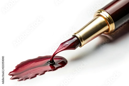 Maroon ink dripping from a pen onto a white background, fluid motion, writing instrument, art supplies, ink drop, creative gesture photo