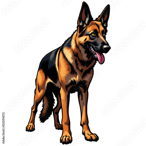 German Shepherd dog pedigreed police, security and border guard dog on also known in Britain as an Alsatian on white background, long-haired dog comic art bulldog illustration graphic 