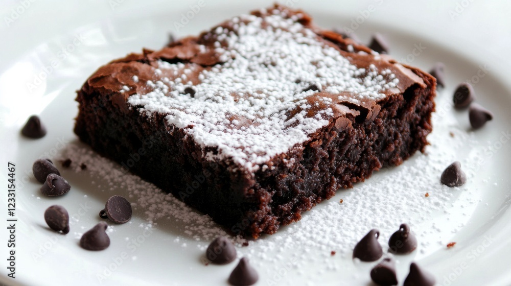 A slice of rich and fudgy chocolate brownies with a dusting of powdered sugar and a few chocolate chips, placed on a plain white plate, Slice centered with a slightly angled view A slice of rich and fudgy chocolate brownies with a dusting of powdered sugar and a few chocolate chips, placed on a plain white plate, Slice centered with a slightly angled view