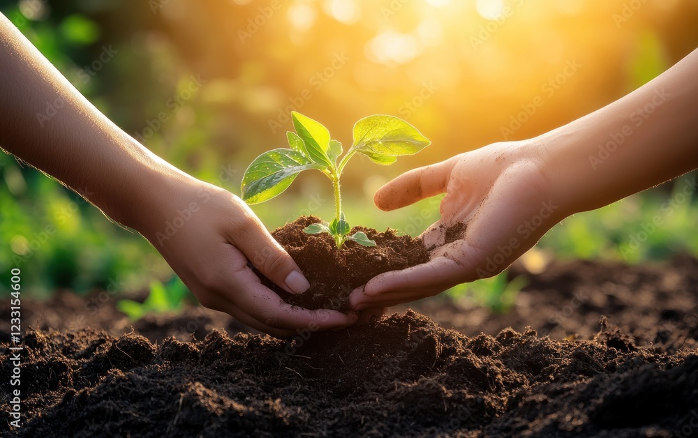 Fototapeta premium Planting a Seed: Two Hands Gently Placing a Sapling in Rich Soil, Symbolizing Growth, Teamwork, and Environmental Conservation