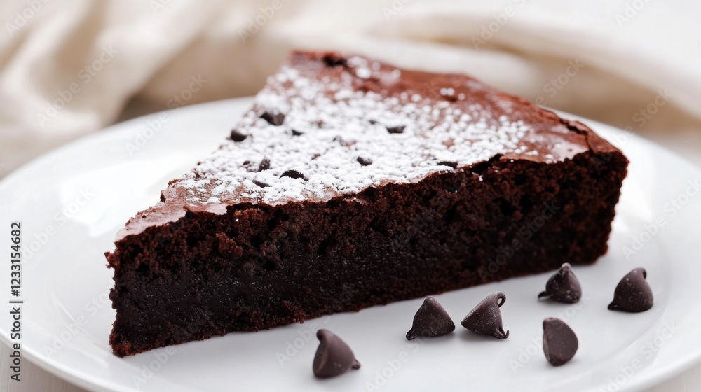 A slice of rich and fudgy chocolate brownies with a dusting of powdered sugar and a few chocolate chips, placed on a plain white plate, Slice centered with a slightly angled view A slice of rich and fudgy chocolate brownies with a dusting of powdered sugar and a few chocolate chips, placed on a plain white plate, Slice centered with a slightly angled view