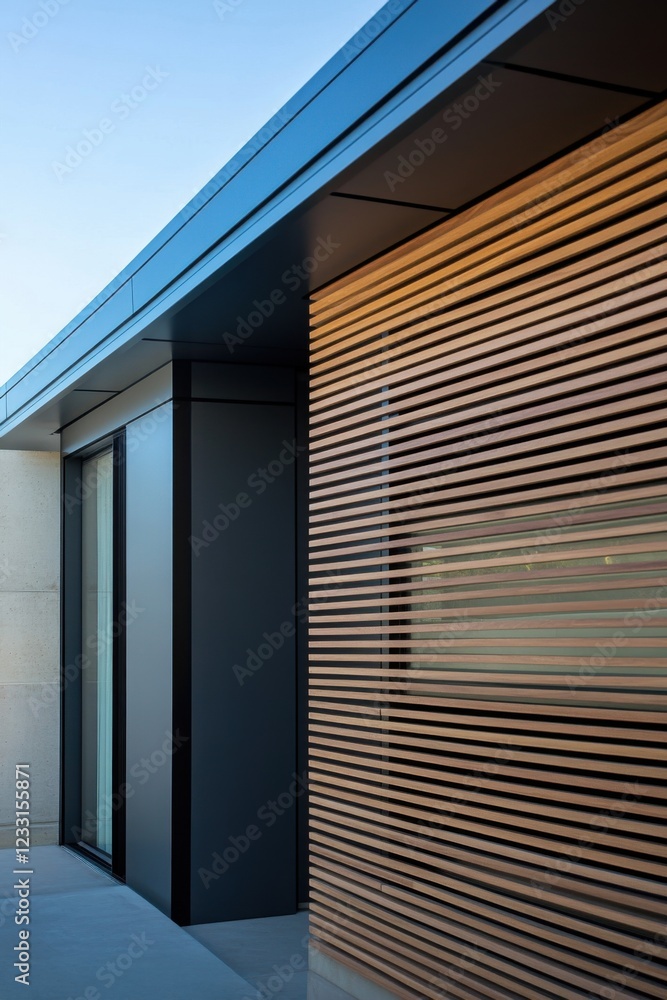 Fototapeta premium Modern architectural design featuring a sleek facade with wood slats and large glass panels in a bright, clear sky setting
