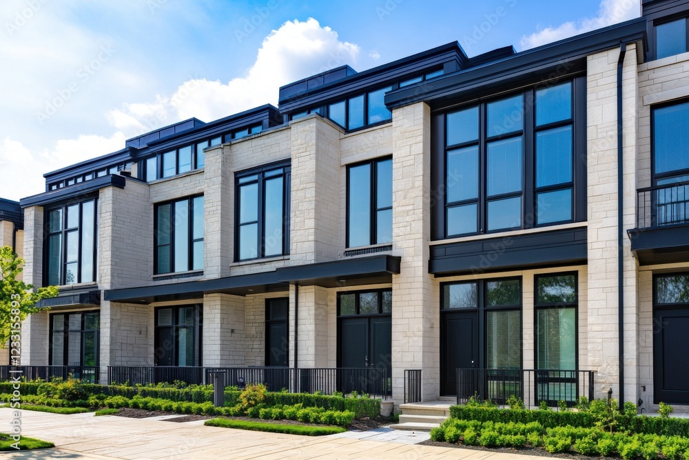 Modern townhouses featuring large windows and sleek architecture in a suburban neighborhood, showcasing bright sunlight and tidy landscaping Modern townhouses featuring large windows and sleek architecture in a suburban neighborhood, showcasing bright sunlight and tidy landscaping