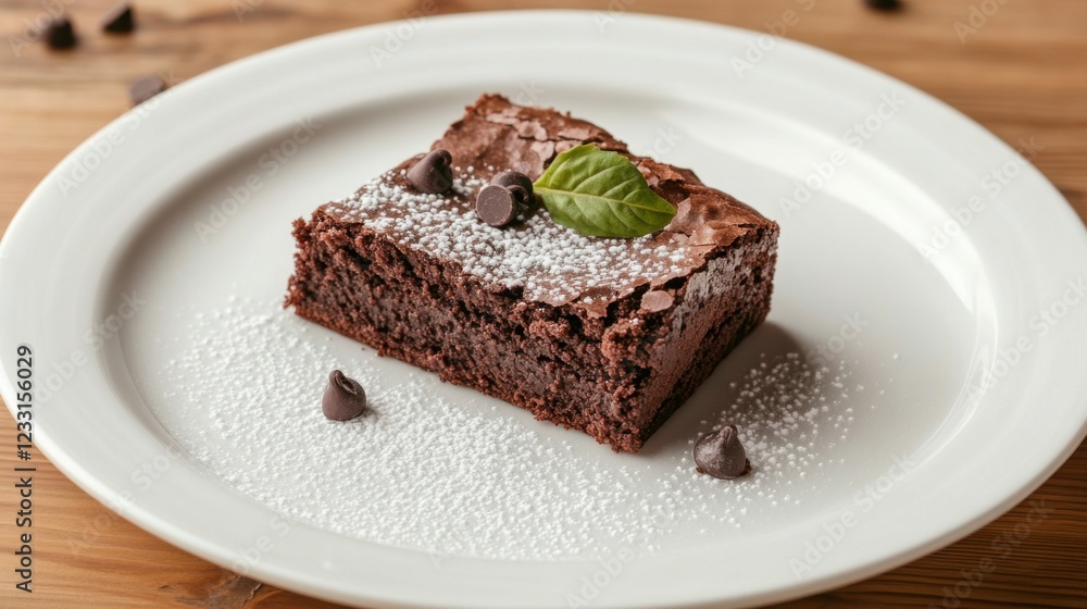 A slice of rich and fudgy chocolate brownies with a dusting of powdered sugar and a few chocolate chips, placed on a plain white plate, Slice centered with a slightly angled view A slice of rich and fudgy chocolate brownies with a dusting of powdered sugar and a few chocolate chips, placed on a plain white plate, Slice centered with a slightly angled view