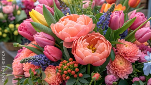 A vibrant display of fresh flowers in buckets at a market, featuring pink peonies, tulips, and roses in rich shades of coral, orange, and fuchsia. A lively floral arrangement perfect for spring, weddi photo