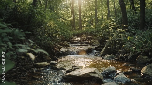 Tranquil Stream Flowing Through Lush Green Forest at Sunrise