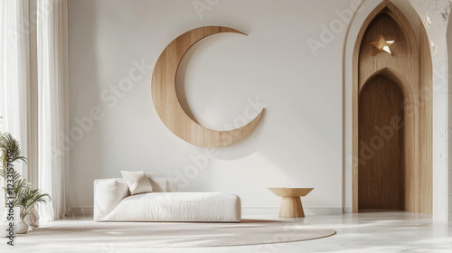 Elegant interior with crescent moon and star decorations symbolizing Ramadan. Minimalist space featuring neutral tones and serene atmosphere. Concept of spiritual reflection, cultural decor photo