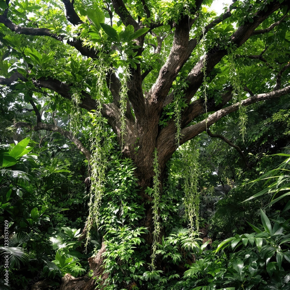 Fototapeta premium Overgrown branches of a tropical tree covered in thick green leaves and vines in a dense jungle, tropical tree, lush foliage