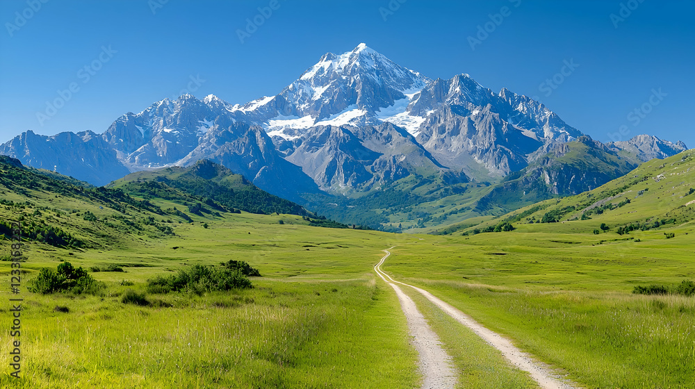Majestic mountain vista, scenic road, green valley, sunny day, travel postcard Majestic mountain vista, scenic road, green valley, sunny day, travel postcard