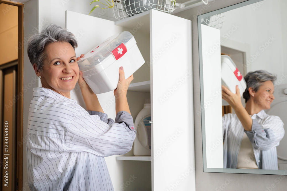 Beautiful elderly woman pensioner with gray hair putting first aid kit with vitamins, drugs Beautiful elderly woman pensioner with gray hair putting first aid kit with vitamins, drugs