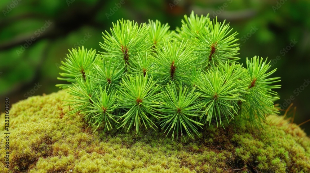 Lush Green Pine Branches Resting on Soft Mossy Surface in Nature Lush Green Pine Branches Resting on Soft Mossy Surface in Nature