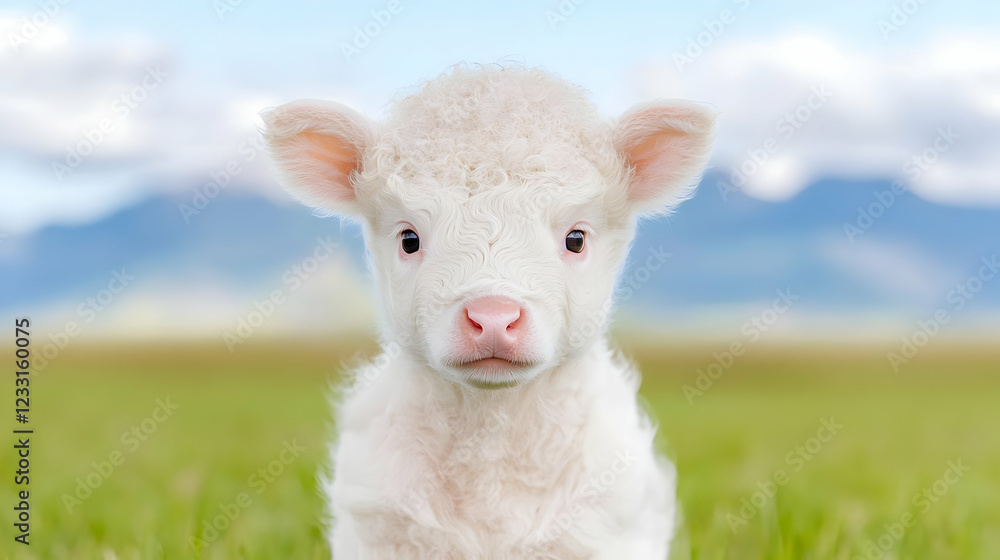 Obraz premium Fluffy white calf in green pasture, mountains background