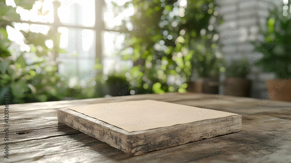 Wooden display, plants, window, sunlight, mockup Wooden display, plants, window, sunlight, mockup