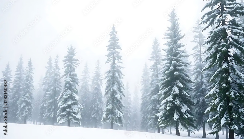 Snow covered pine trees in a misty winter forest Snow covered pine trees in a misty winter forest