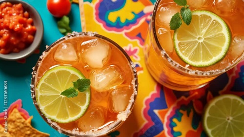 Cold mexican margarita cocktails with lime and salt on colorful tablecloth with red guacamole in small bowl. Festive drink for Cinco de Mayo celebration, Mexican Independence Day, Latin festival