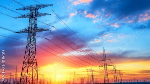 Sunset Over Electric Power Lines with Silhouetted Transmission Towers
