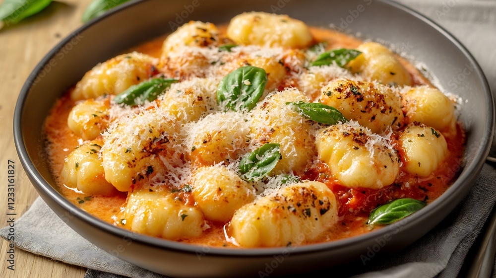 Bowl of creamy ricotta gnocchi served tomato basil sauce grated Parmesan Bowl of creamy ricotta gnocchi served tomato basil sauce grated Parmesan