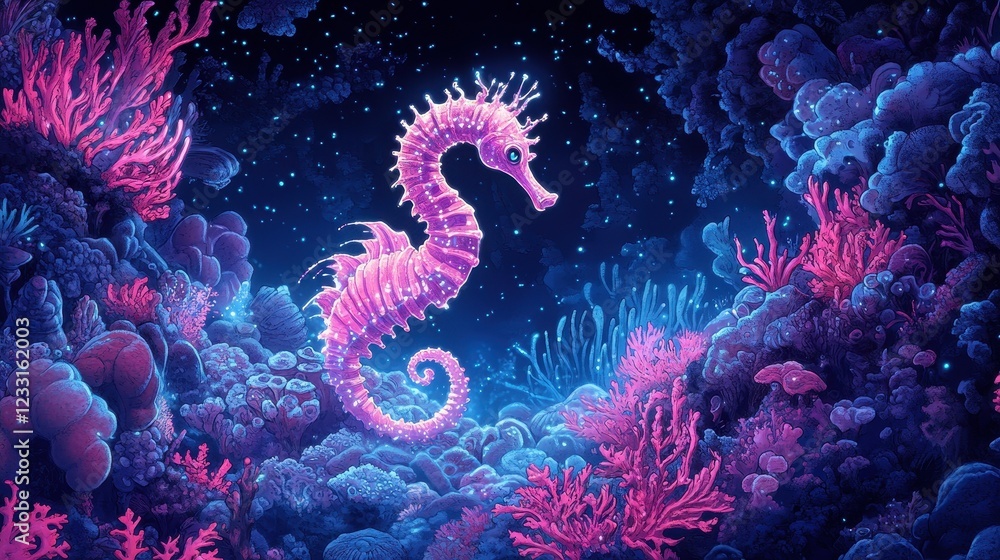 Luminous Seahorse Amidst Vibrant Coral Reef Luminous Seahorse Amidst Vibrant Coral Reef