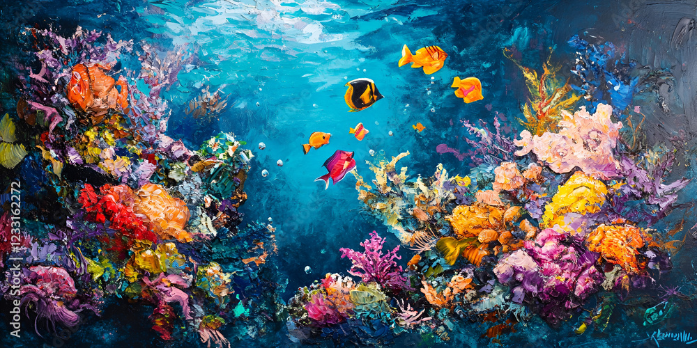 Naklejka premium Coral Reef with Colorful Fish Swimming in Clear Water