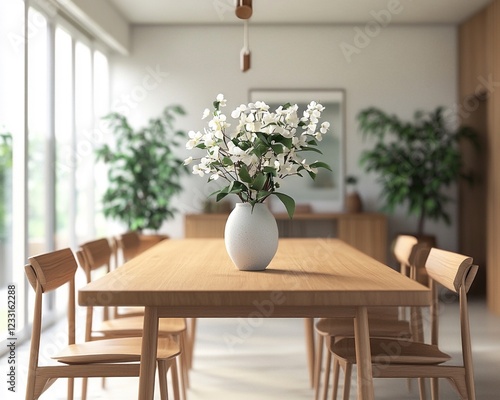 Modern 3D Dining Room with Oak Wood Table, Mid-Century Chairs, Ceramic Vase, White Flowers, and Neutral Decor in a Natural Style Setting
